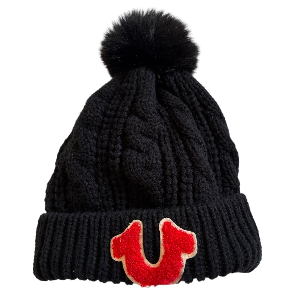 True Religion Black Pom Pom Beanie Knit Emblem Patch